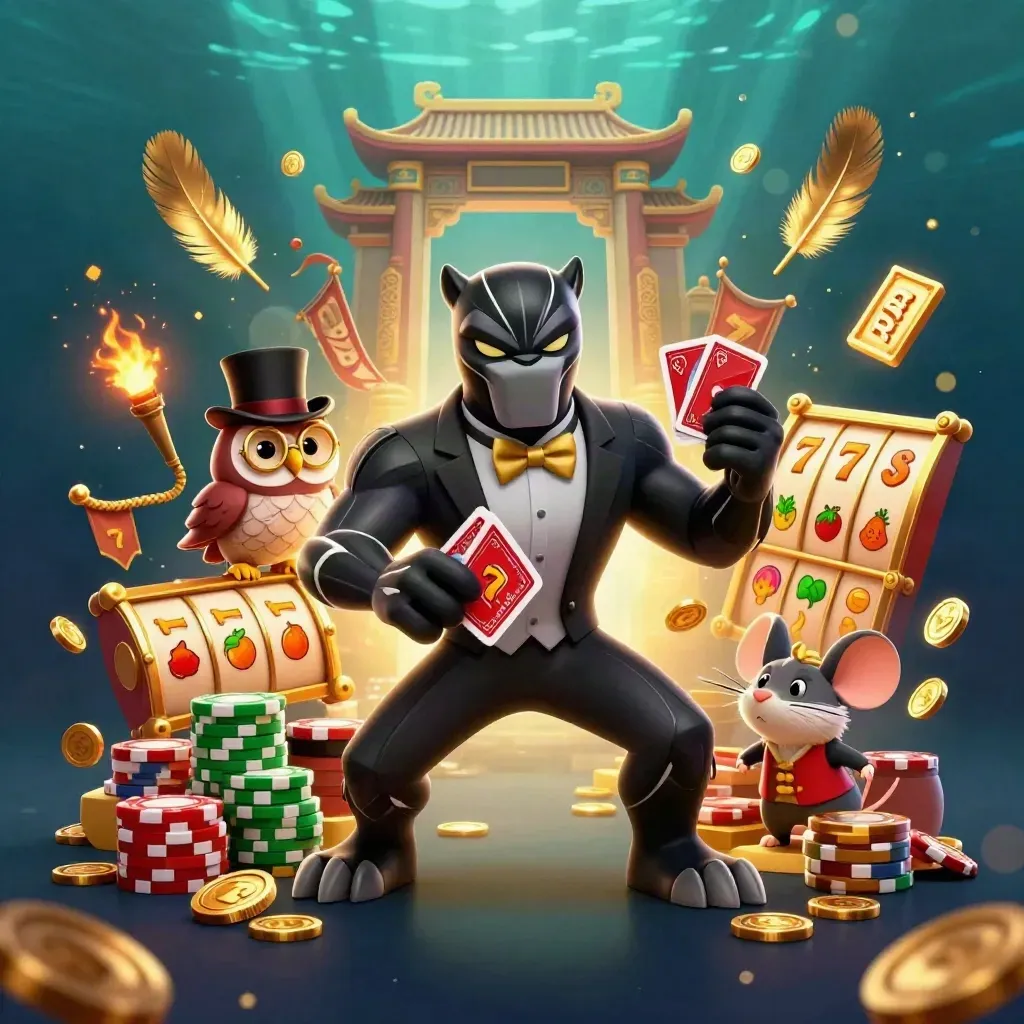Panther, owl and mouse casino heroes amid coins, reels and glowing lights.