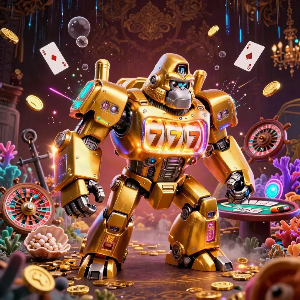 Golden gorilla mech with tiny monkey pilot, reels, coins, cards and treasure cove glow.