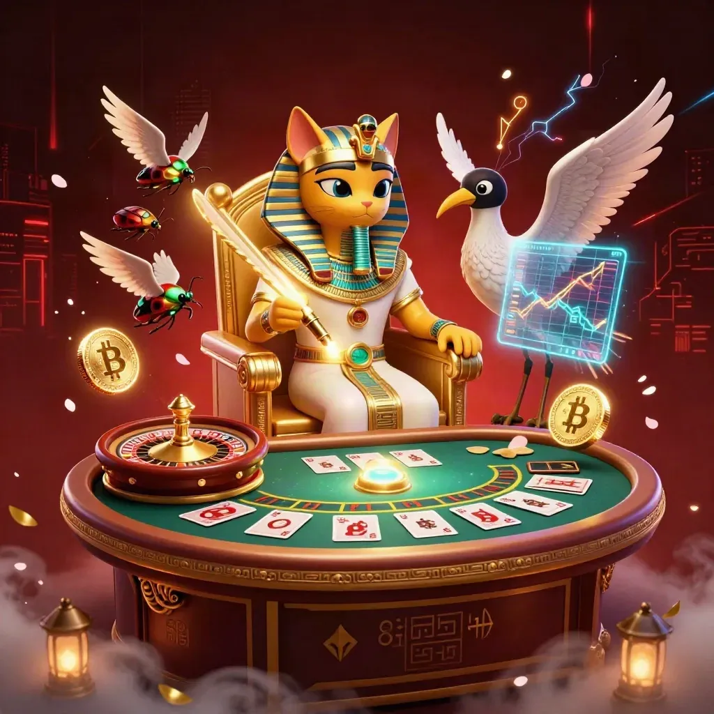Pharaoh cat, ibis scribe and scarabs amid casino coins, neon sparks and a roulette wheel.