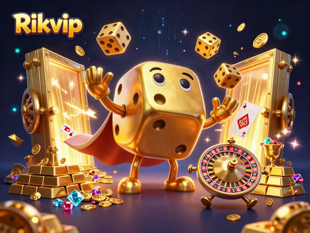 Experience the excitement of Rikvip through a vibrant casino-themed illustration featuring a golden dice golem amidst treasure.