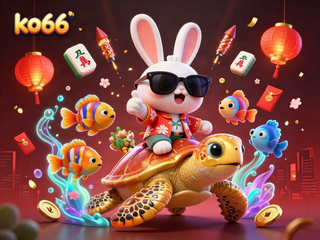 Experience exciting games at ko66 with a charming rabbit and golden turtle in a vibrant casino-themed scene.
