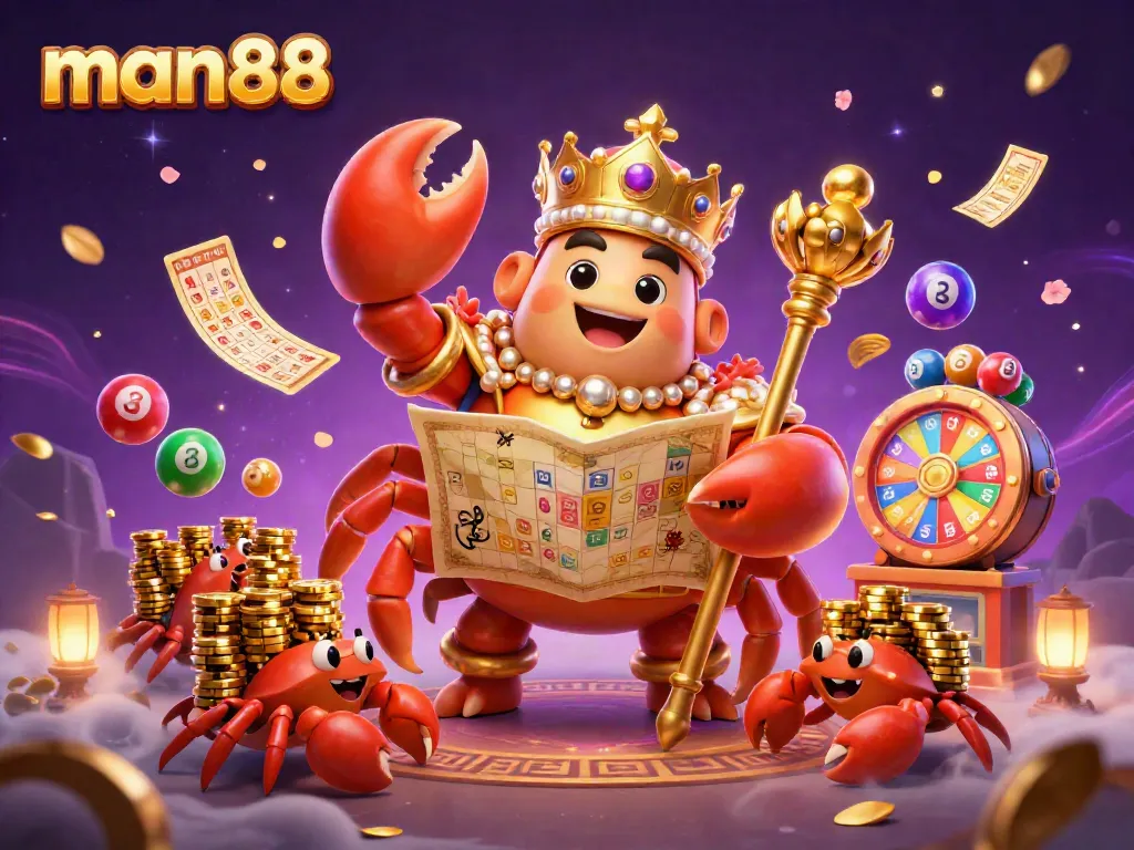 Experience the excitement of man88 with a golden crab emperor surrounded by vibrant lottery elements and golden treasure.