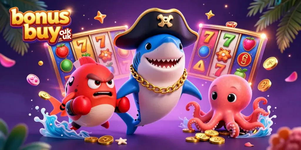 Engaging scene featuring a pirate shark character in a bonus buy casino uk with colorful slot elements and dynamic effects.