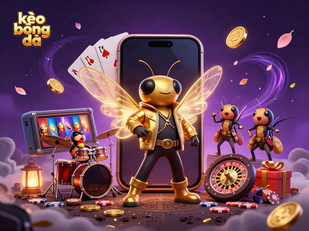 Exciting kèo bóng đá scene with a rock star cicada and vibrant casino elements creating dynamic energy.
