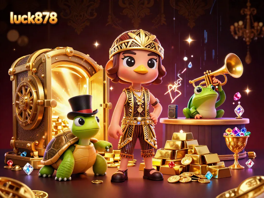 Experience the excitement of luck878 with a dazzling casino-themed illustration filled with treasures and action.