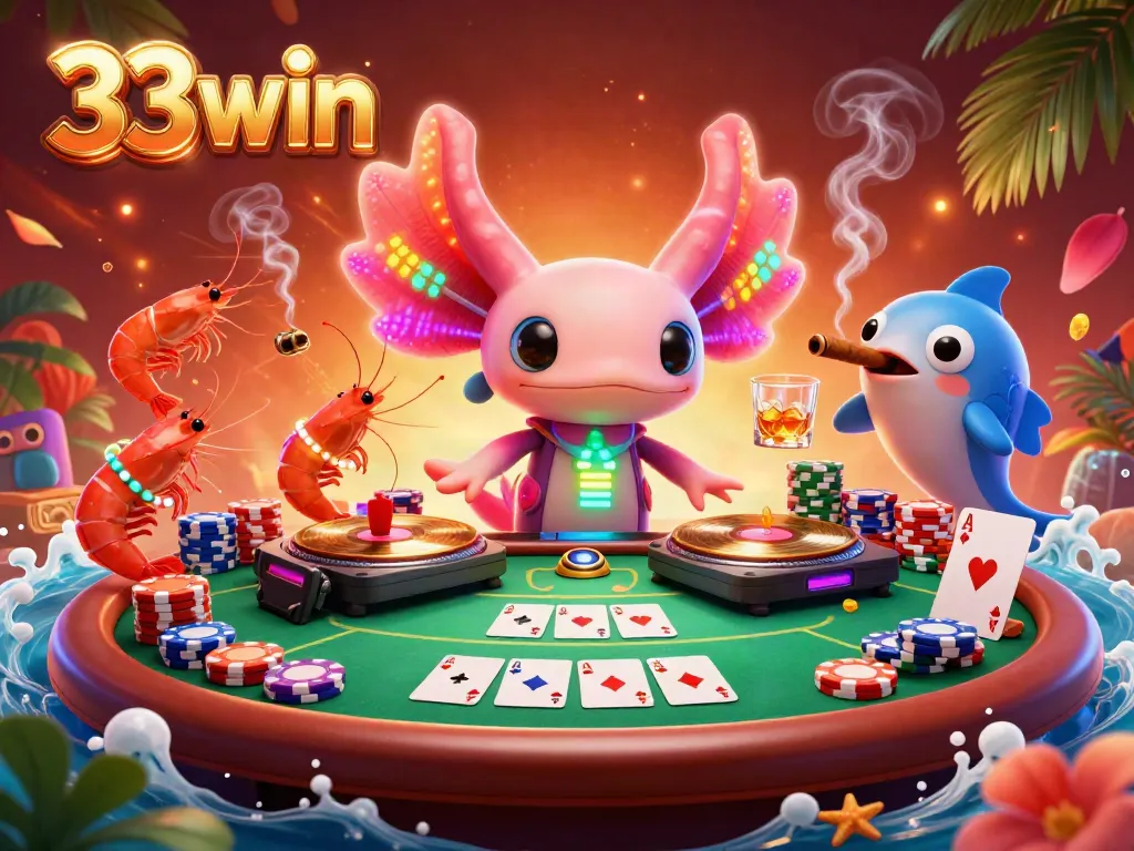Engage with the vibrant 33win scene featuring a neon axolotl DJ amidst poker gameplay excitement.