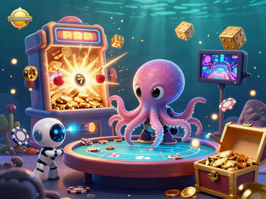 Engage with the Soikeobongda universe through a vibrant 3D illustration showcasing an alien octopus and exciting casino elements.