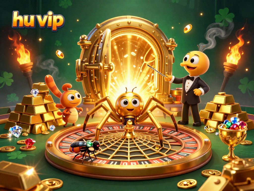 Engage in exhilarating gameplay at hu vip, featuring a vibrant scene with a golden spider and dynamic casino elements.