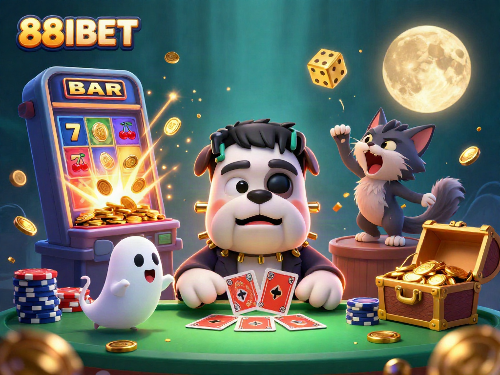 88IBET showcases a thrilling casino scene with characters like a Frankenstein bulldog and werewolf kitten.