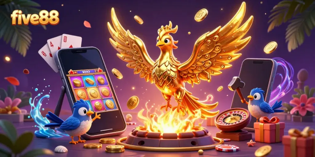 Experience the vibrant excitement of five88 as golden phoenixes and gaming elements represent high-stakes gambling.