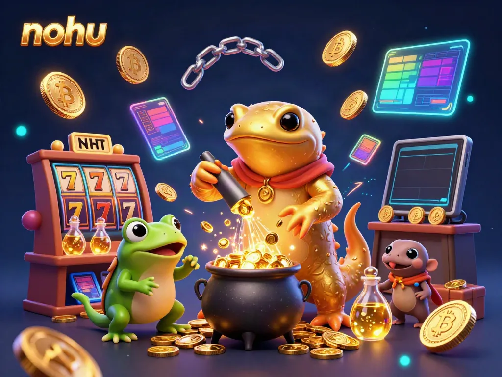 Nohu showcases a vibrant illustration of a golden salamander, frogs, and newts in a casino with slot reels and cryptocurrencies.