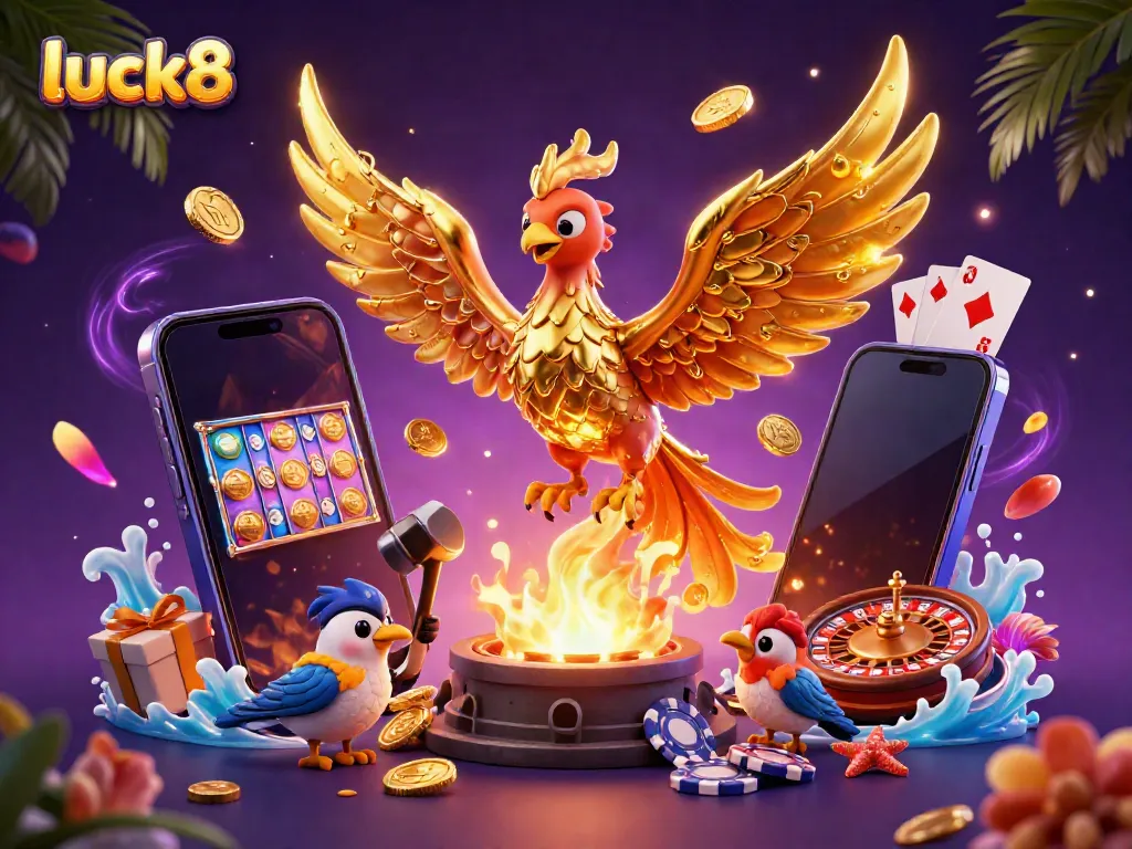 Experience the thrill of winning at luck8 with a stunning 3D scene of a golden phoenix and vibrant gaming elements.