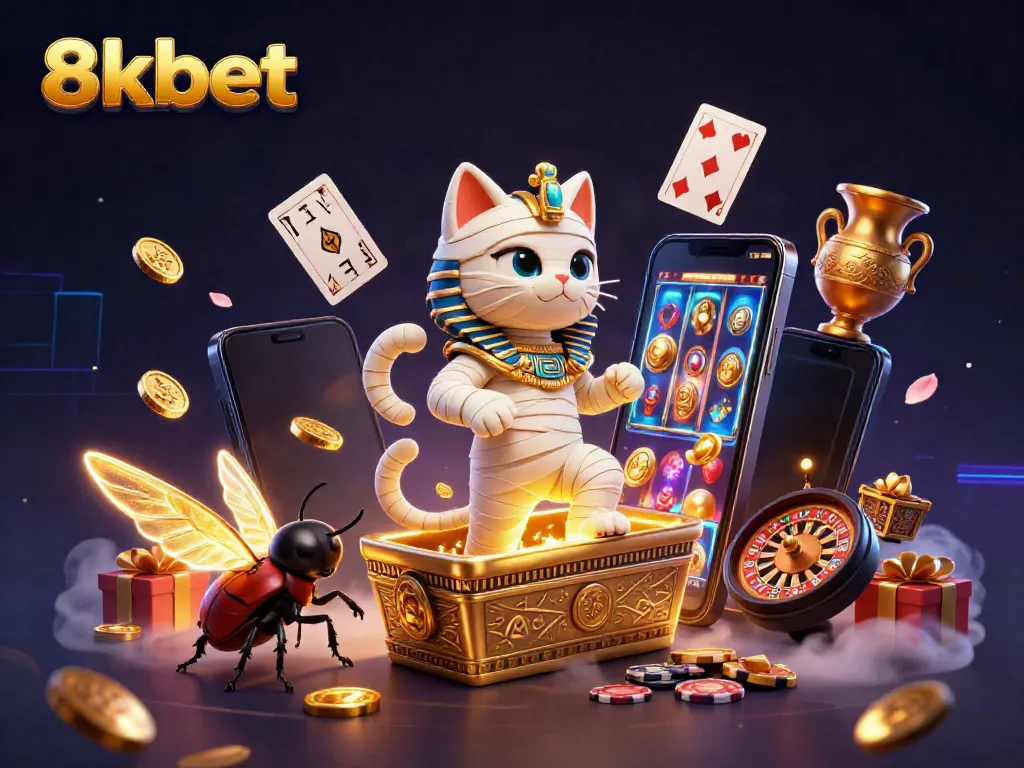 Experience the exciting world of 8kbet with a vibrant 3D scene featuring casino elements and characters.