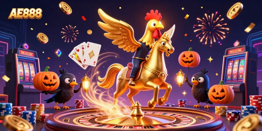 Play and win with AE888 in a vibrant casino scene filled with gold coins and festive elements.