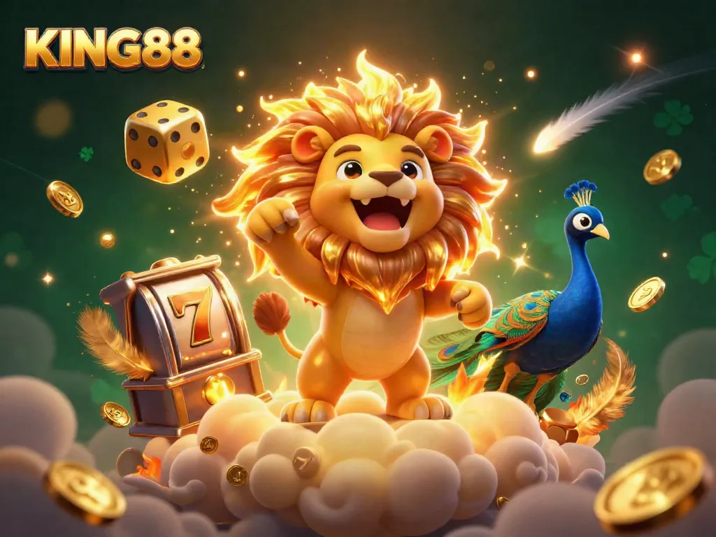 Experience the thrill of KING88 with a roaring lion and dynamic casino elements in a vibrant 3D illustration.