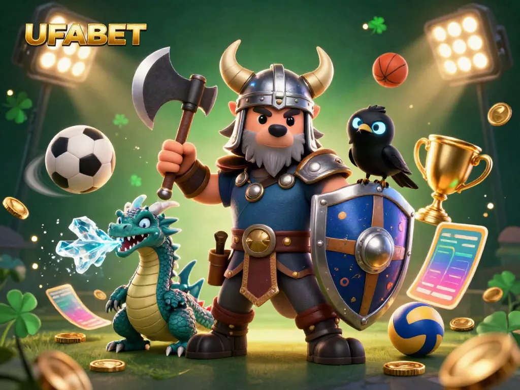 Experience thrilling moments with UFABET's Viking warrior, fierce dragon, and dynamic sports betting elements.