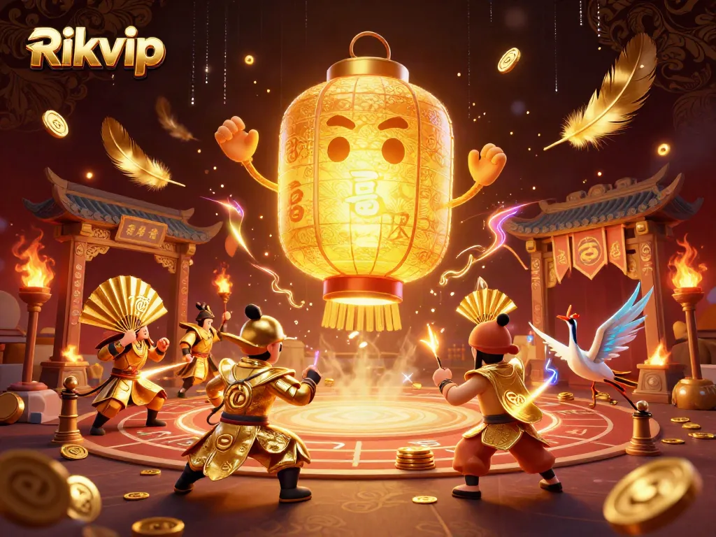 Experience the excitement of Rikvip with a golden lantern spirit and dynamic casino elements.