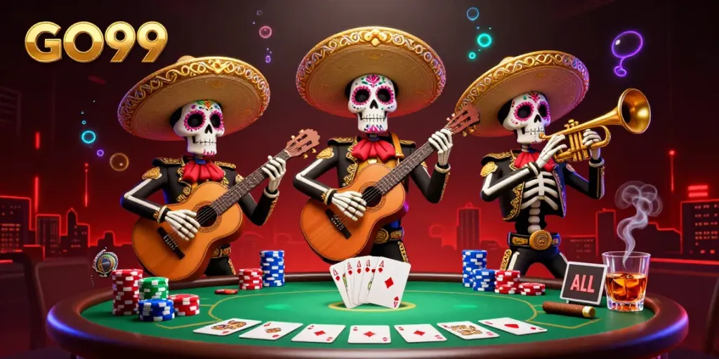 Experience the vibrant scene of a GO99-themed Day of the Dead mariachi band amidst colorful poker elements.