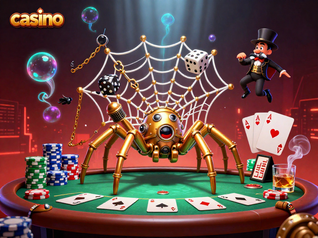 Experience thrilling casino action with a golden spider crafting a web of luck and misfortune.