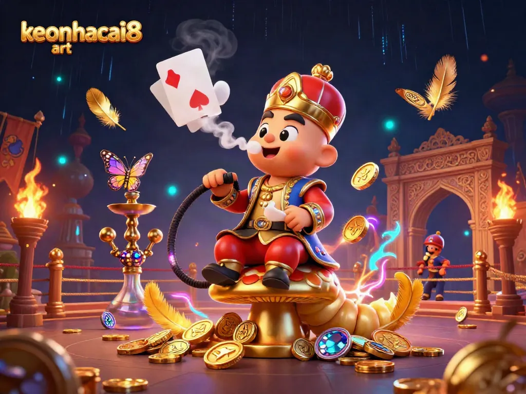 Engage with keonhacai8 art's captivating illustration of a hookah-master and poker symbols.