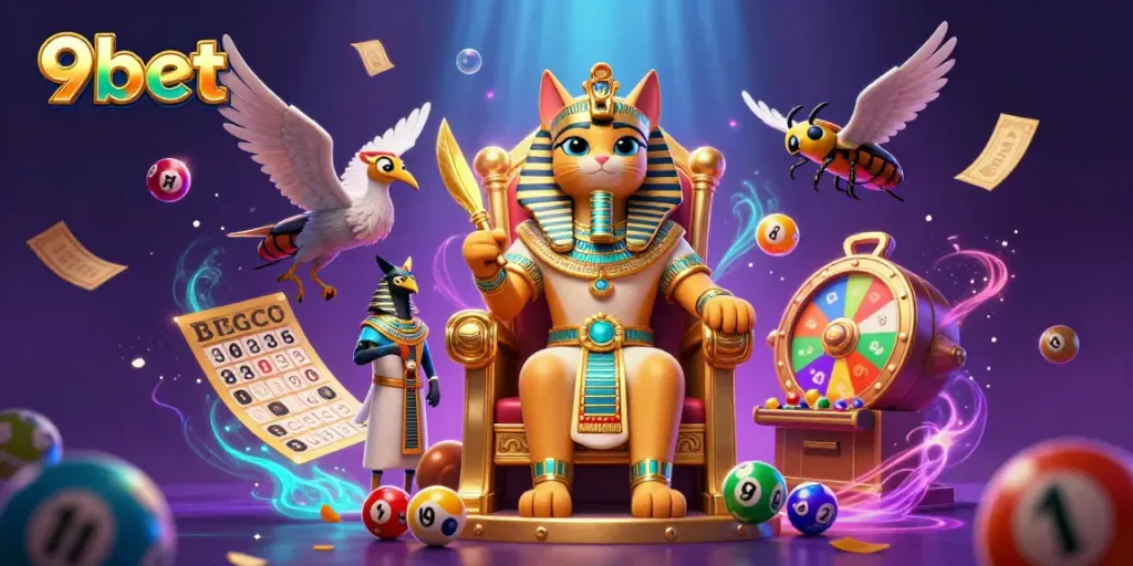 Engage in thrilling games with 9bet's vibrant, dynamic casino illustration, featuring Egyptian-themed elements.