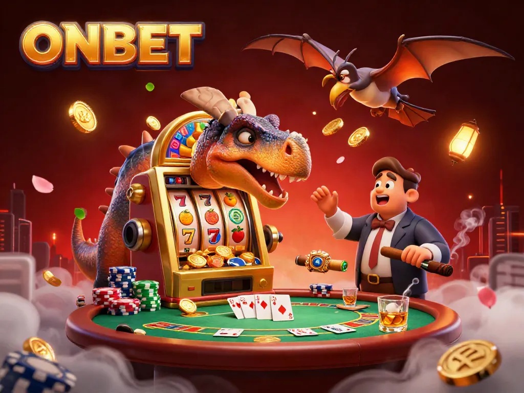 ONBET-branded illustration of a dinosaur winning jackpots at a casino, filled with dynamic gaming elements.