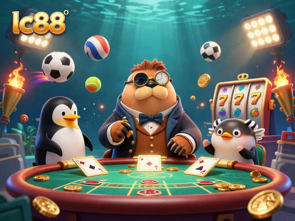 Engaging lc88 casino scene with a walrus playing poker, pufferfish bluffing, and sports elements.