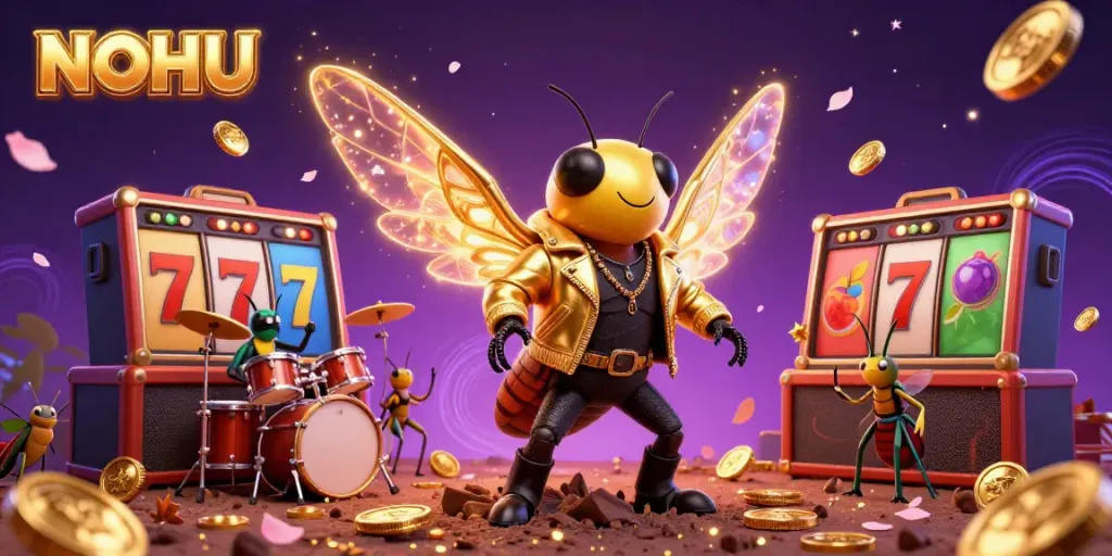 NOHU showcases dynamic slot reels with lucky symbols and a vibrant rock star scene, emphasizing a thrilling gambling experience.
