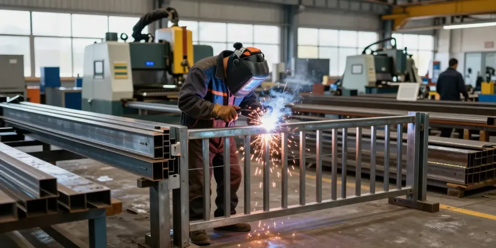 Steel fabrication process showcasing skilled welder crafting a metal gate in a well-lit workshop.