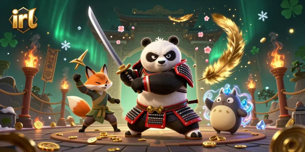 Experience exhilarating gameplay at irl with samurai panda and ninja fox amid swirling action.