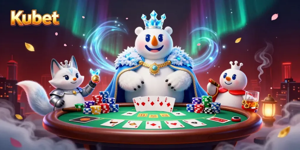 Kubet showcases a vibrant casino scene with a polar bear king and a fox, featuring poker tables and colorful chips.