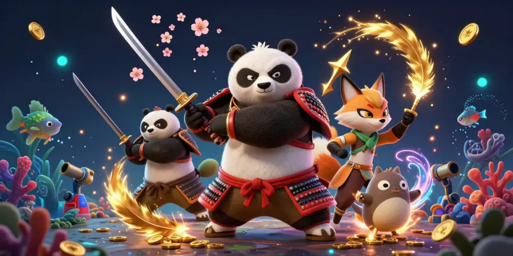 Engage in the game bắn cá action with vibrant characters and underwater elements illustrating a fishing game.