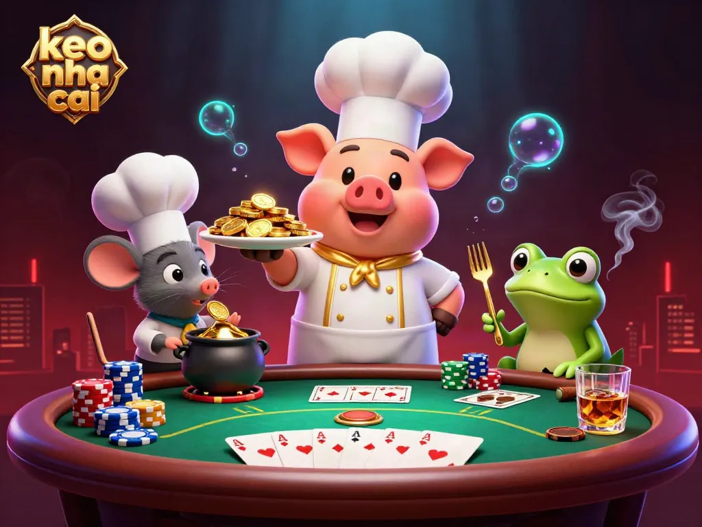 Experience excitement with keo nha cai as a chef pig serves gold coins while a mouse and frog engage in the poker scene.