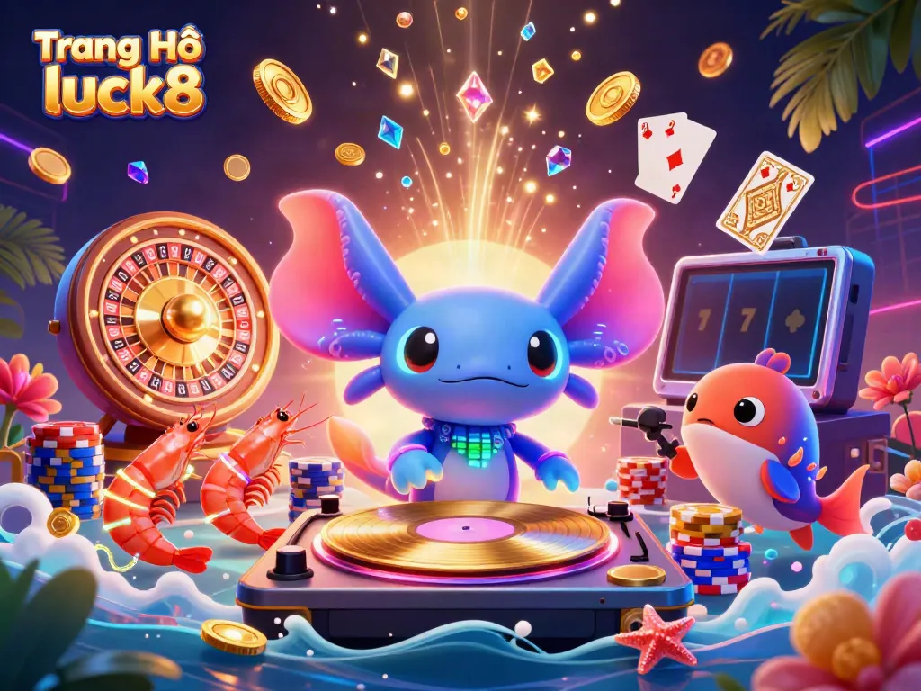 Experience the excitement of Trang Chủ luck8 with a neon-colored axolotl DJ and vibrant casino elements in a lively underwater scene.