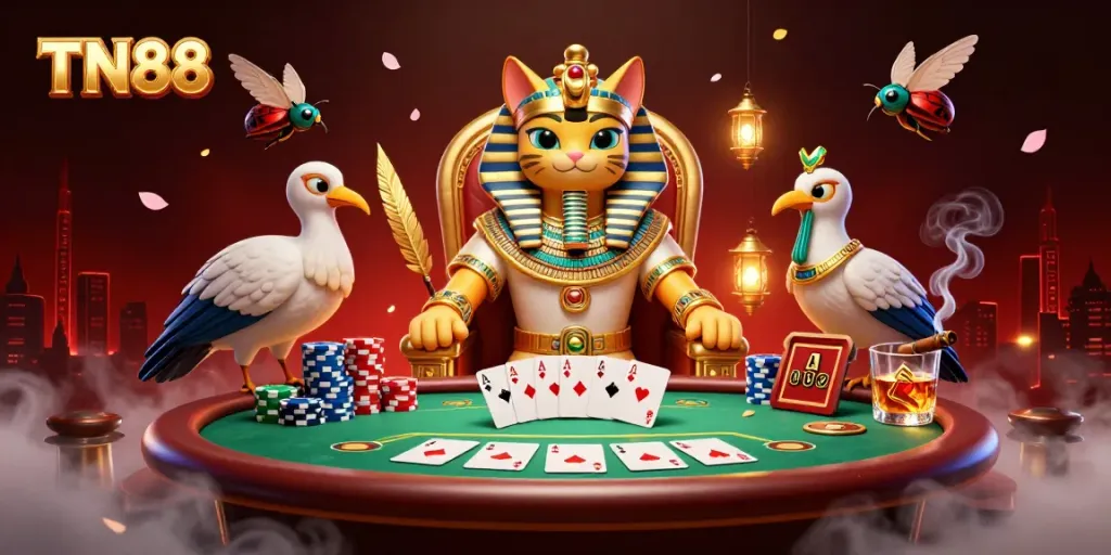 Engage in a vibrant TN88 casino scene with an Egyptian pharaoh cat and poker elements.