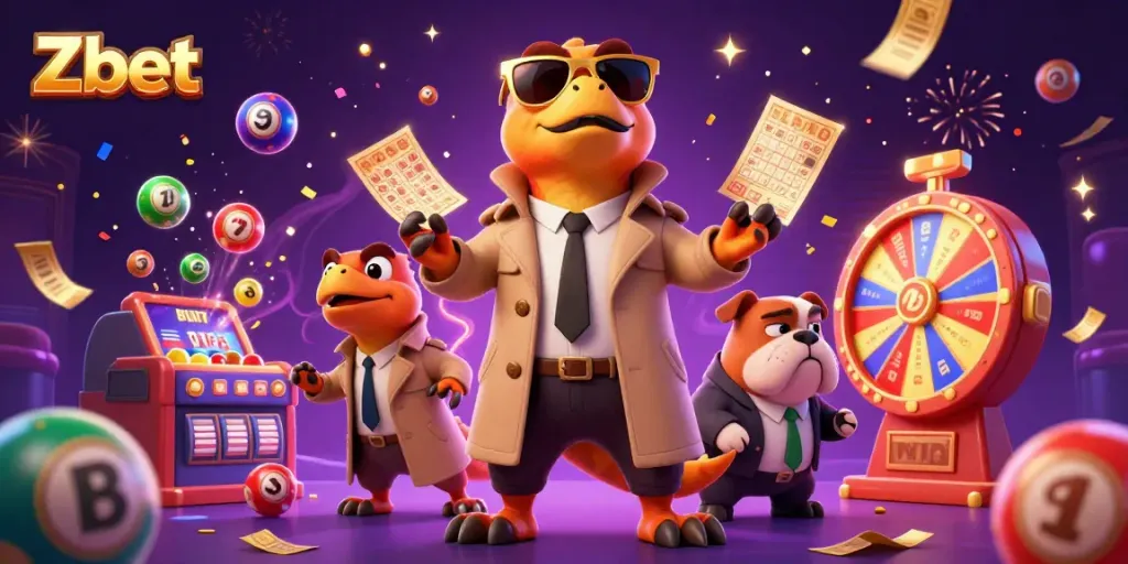 Three raptors in a trench coat humorously attempting entry into a VIP casino as vibrant lottery elements surround them, illustrating Zbet engagement.