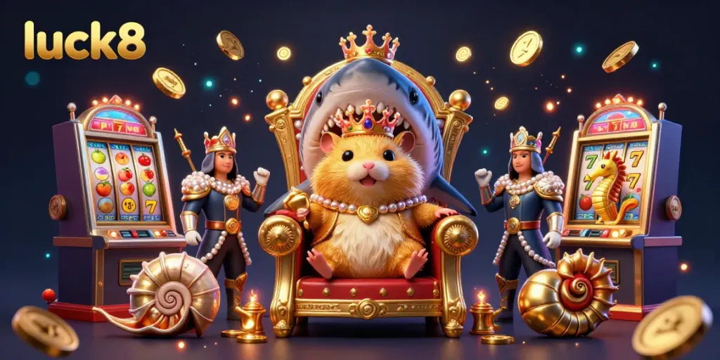 Experience the excitement of luck8 with the golden hamster king ruling over a vibrant casino scene filled with slot machines and gold coins.