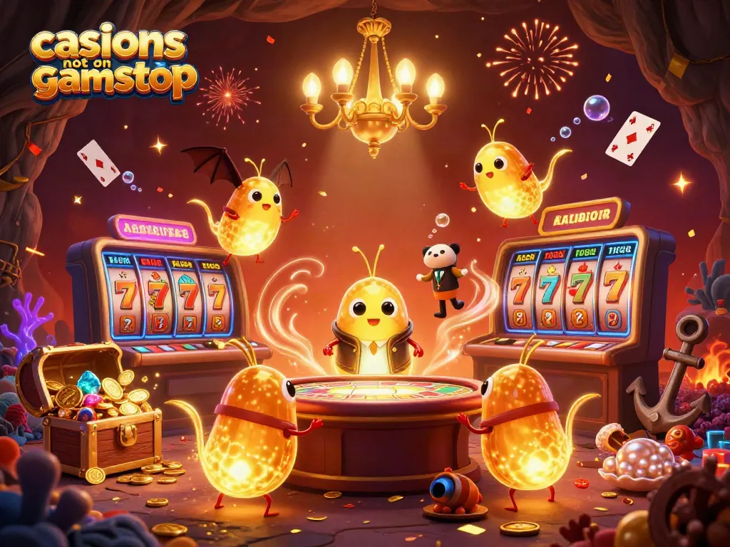 Join the fun at casinos not on gamstop with a vibrant scene of animated glowworms lighting up a thrilling casino atmosphere.