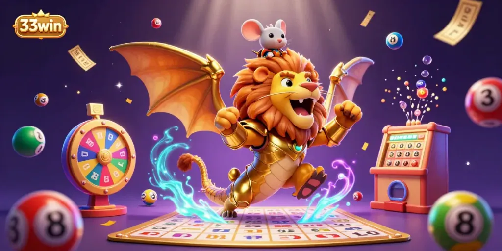 Experience the thrilling world of 33win with a roaring chimera and vibrant lottery elements.