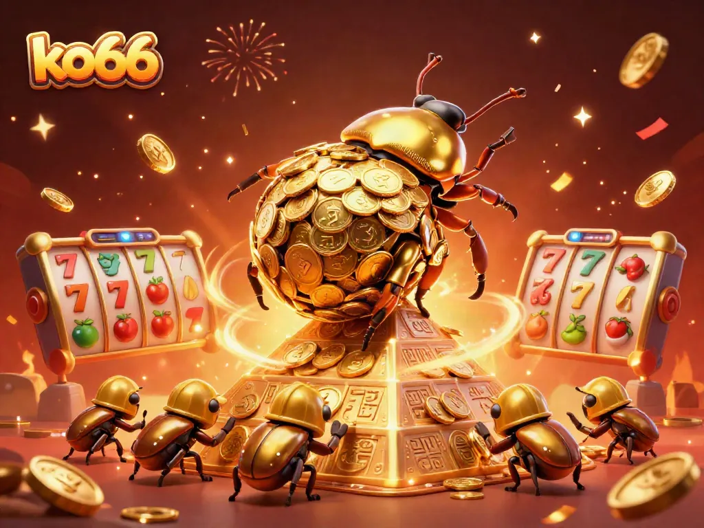 Experience the excitement at ko66 with golden beetles and slot reels amidst dazzling casino symbols.