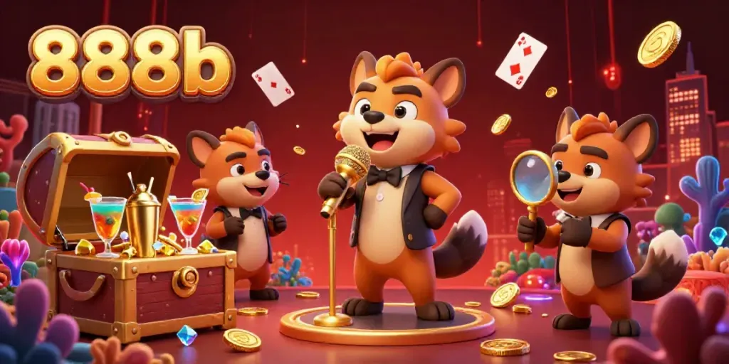 Experience unmatched fun at 888b with lively hyena comedians and vibrant casino elements.