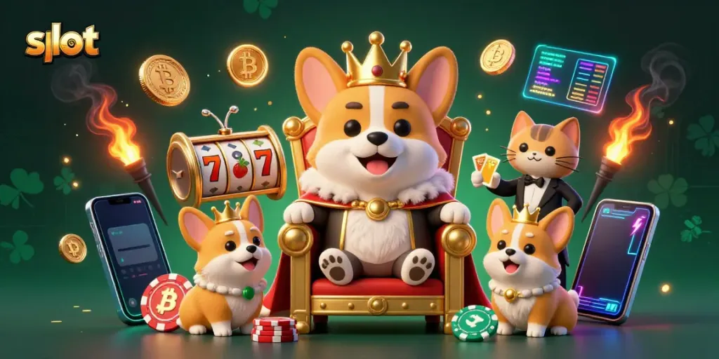 Spin the slot reels with a royal corgi in a lavish casino scene filled with golden elements.