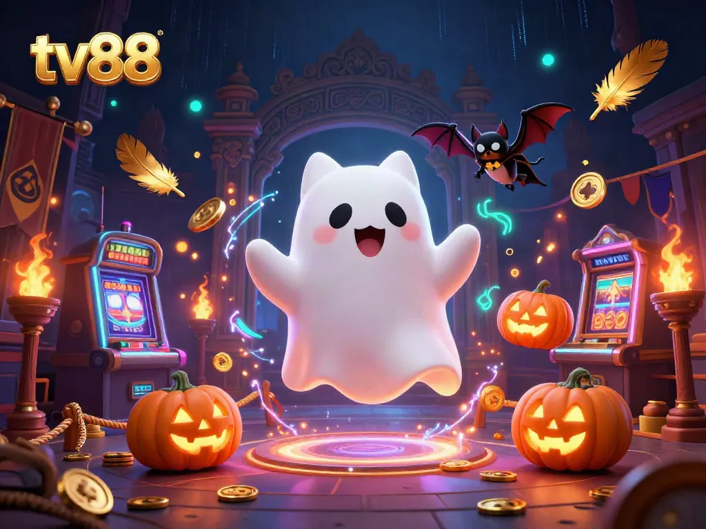 tv88 invites players to explore a thrilling haunted casino with ghostly characters and glowing poker elements.