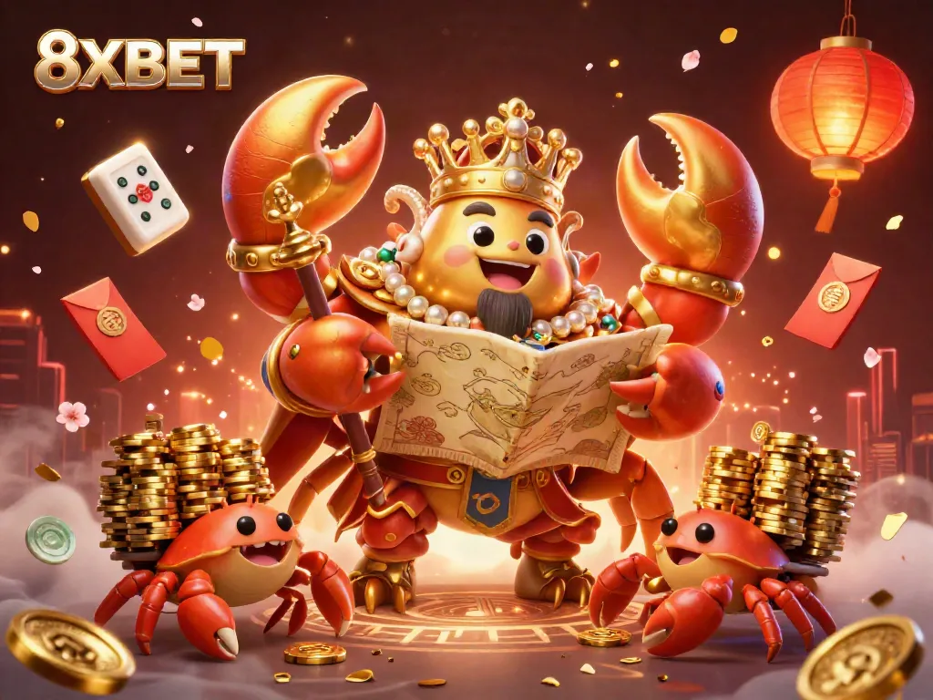 Engage with the vibrant world of 8XBET featuring a golden crab emperor amidst fortune-themed elements.