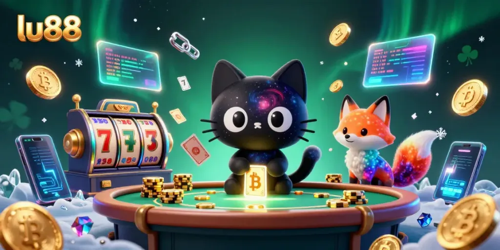 Join the excitement at lu88 with a cosmic-themed casino illustration featuring unique characters and vibrant game elements.
