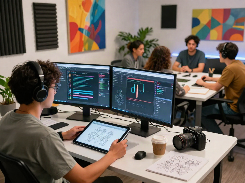Creative workspace for NSFW AI content design featuring designer at dual monitors.