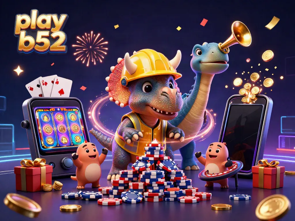 Experience the excitement of play b52 with joyful characters celebrating amidst vibrant gaming elements.