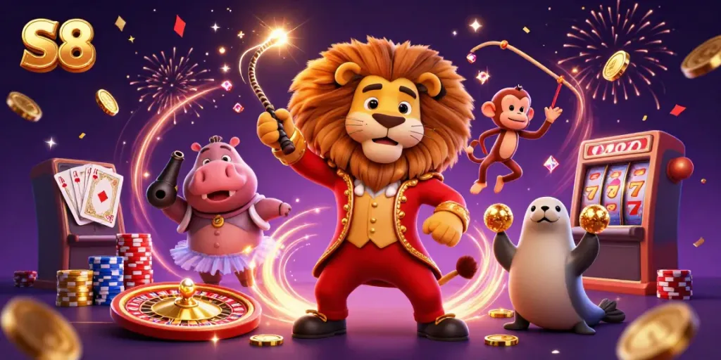S8 offers an exciting online casino experience featuring games, golden coins, and vibrant characters.
