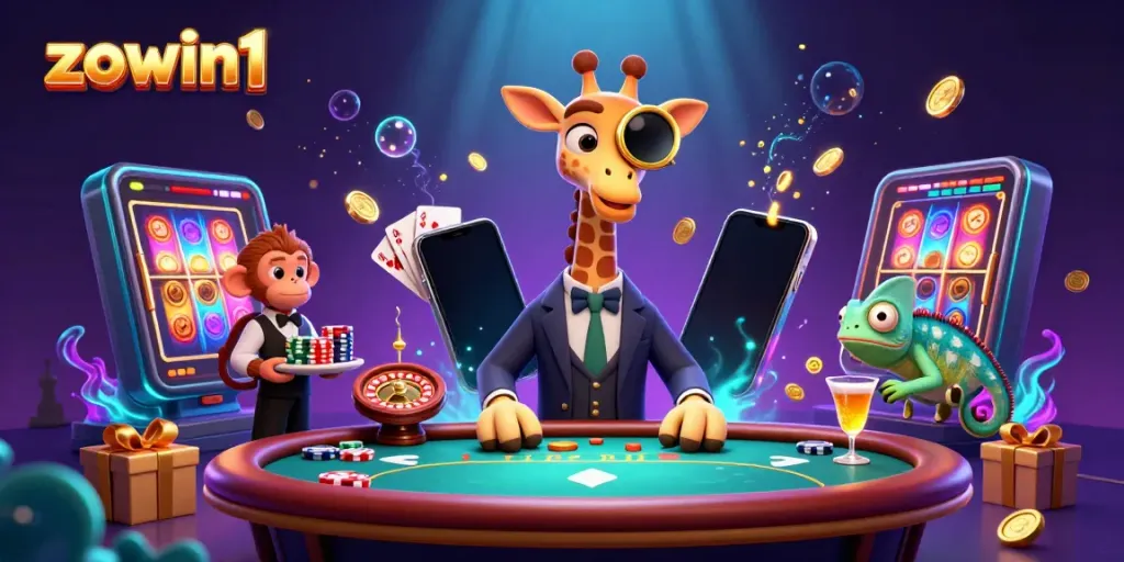 Experience thrilling gaming action with the vibrant scene featuring zowin1 characters and dynamic casino elements.