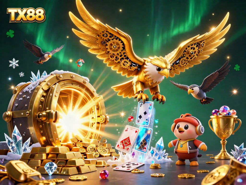 Engage with TX88’s vibrant casino atmosphere, showcasing winning moments with holographic cards and golden treasures.